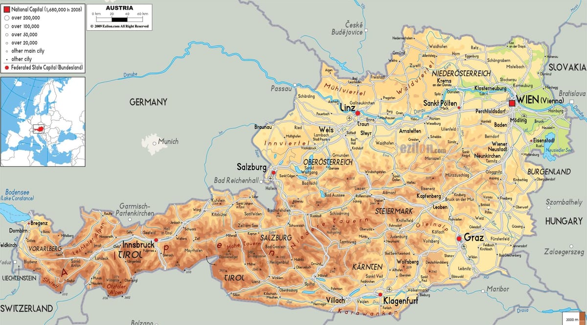 মানচিত্র শারীরিক মানচিত্র, অস্ট্রিয়া